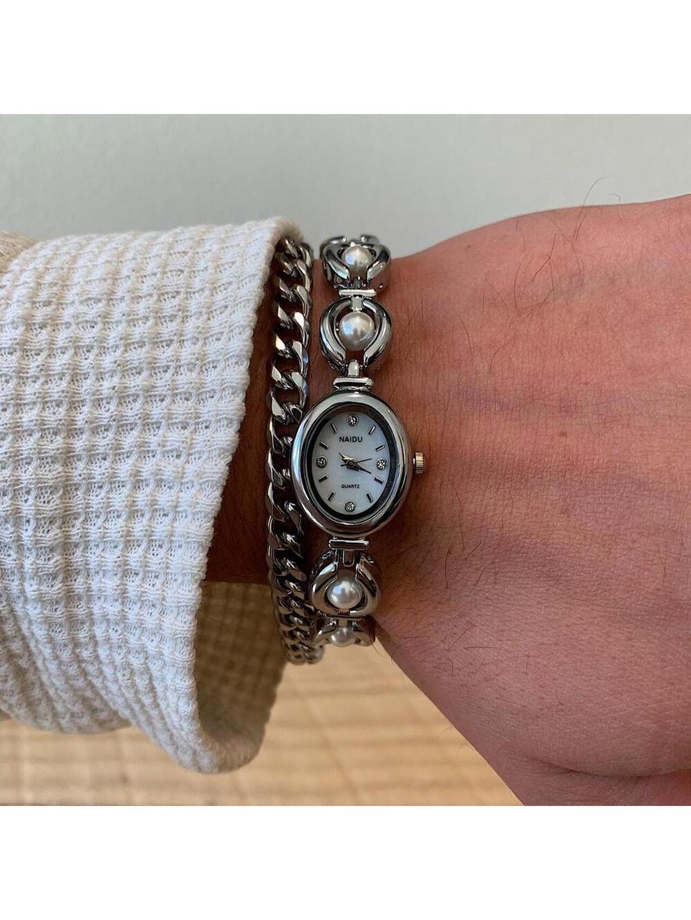 Luxury Y2K style Silver round stainless steel quartz pearl stone charm watch - Picture 3 of 8